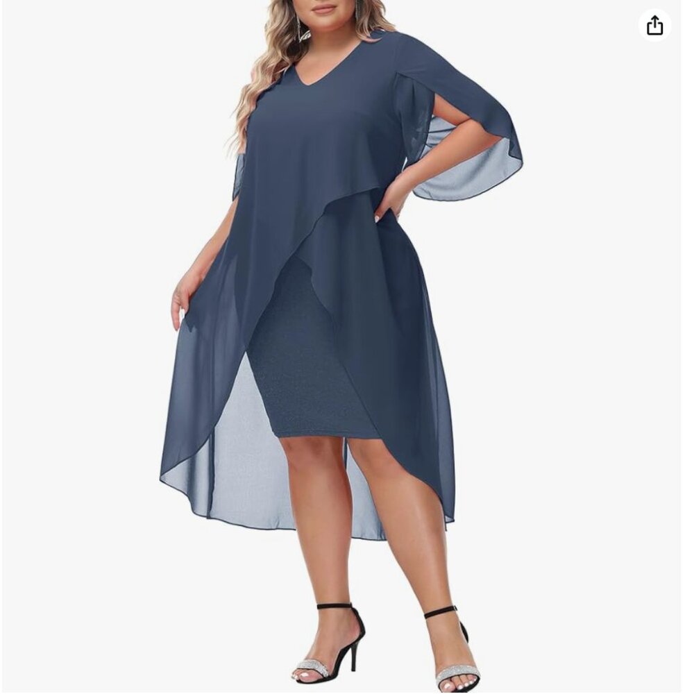 Hanna Nikole Ruffle 3/4 Sleeve Wedding Guest High Low Hem Dress (Grey Blue, XL)